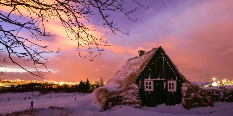 Turf house at Árbær Museum in Reykjavík, where visitors can explore Iceland's Christmas traditions in an authentic setting.