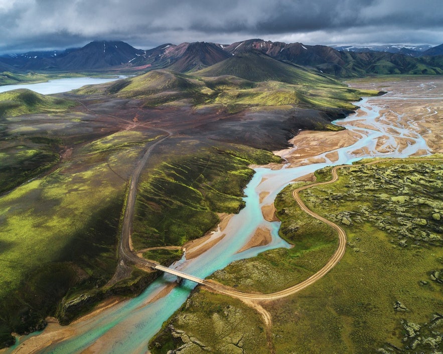 Aerial view of Fjallabak Nature Reserve near Landmannalaugar, Iceland, with rivers, valleys, and mountain roads.