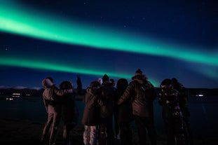 A group gathers under the aurora borealis during a northern lights tour in Iceland.