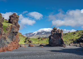 A view of the majestic Snaefellsjokull glacier in the background.