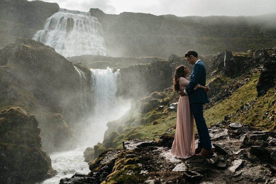 Stunning wedding photo from Dynjandi waterfall in Iceland's Westfjords