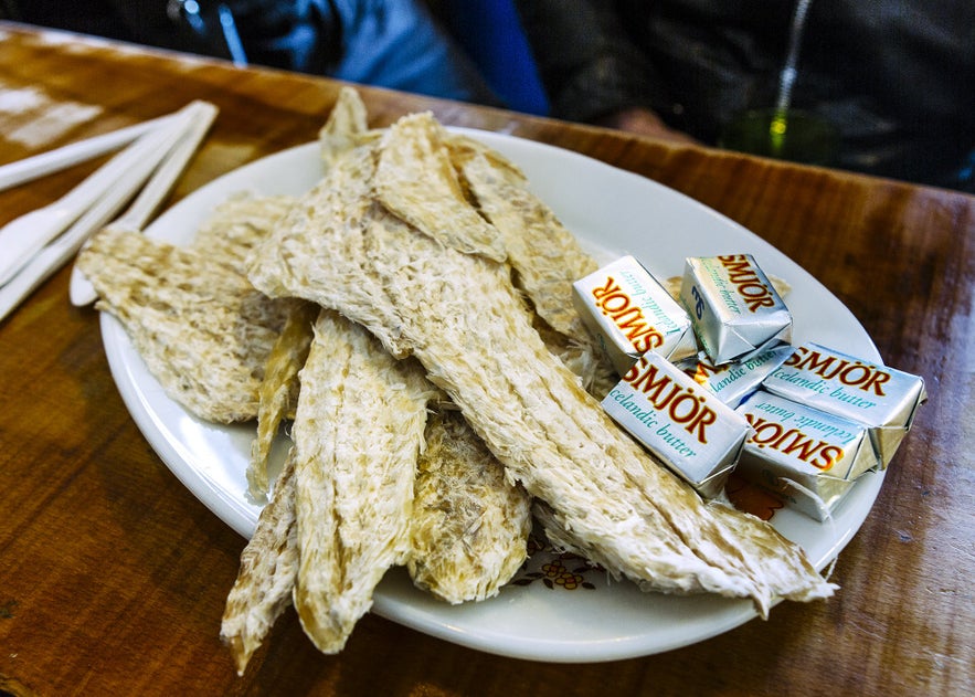 Icelandic dried stock fish and butter - actually a mild and favoured dish by many.