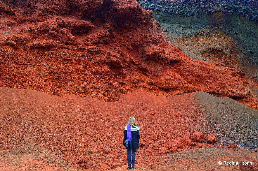 Bright-red Seyðishólar craters quarry in South-Iceland