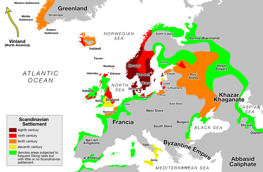 A map detailing Viking expansion throughout the centuries.