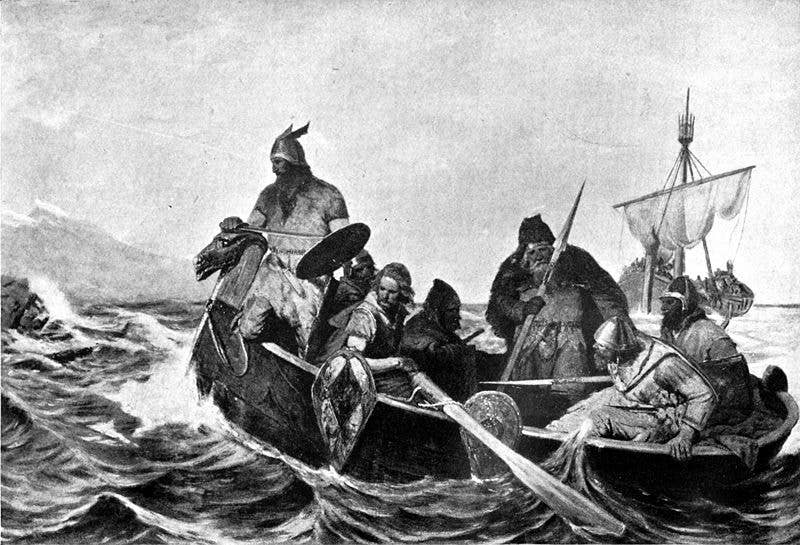 Norse Vikings rowing toward land, depicting the discovery of Iceland.