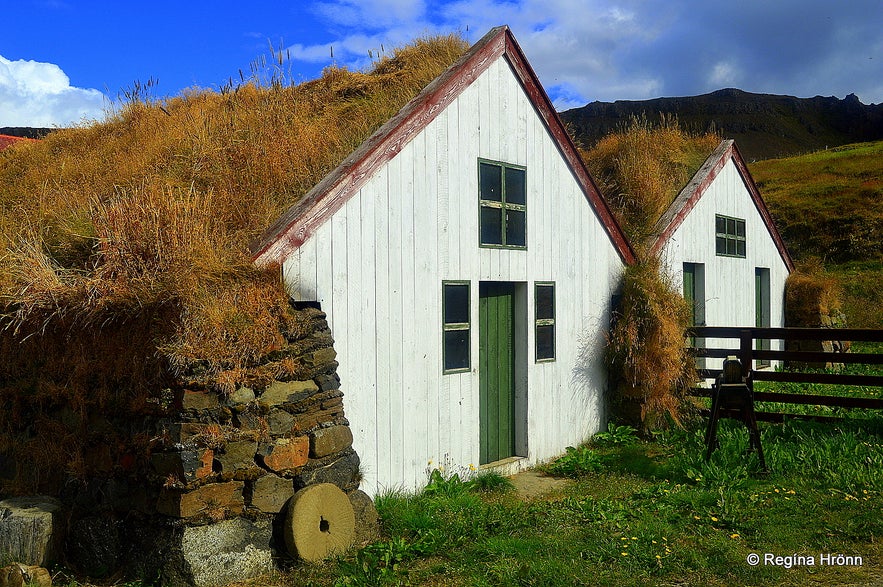 Turf outhouses at Staður in the Westfjords of Iceland