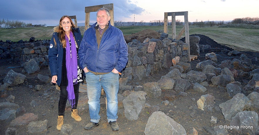 Regína with Hörður by The turf house at Efri-Vík in 2016