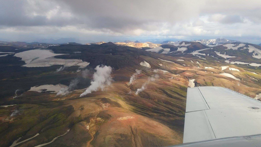 Flying over the colourful hillsides of Landmannalaugar, "The Pools of the People".