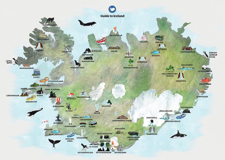 A map of Iceland showing some of the country's best towns and attractions.