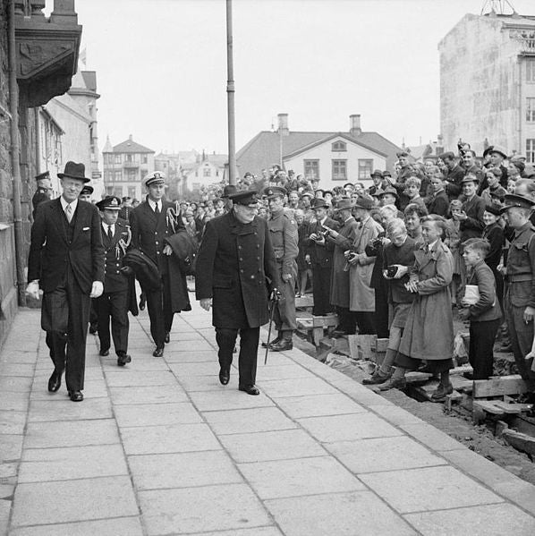 Winston Churchill outside of the Parliament House in Iceland's capital, Reykjavik.