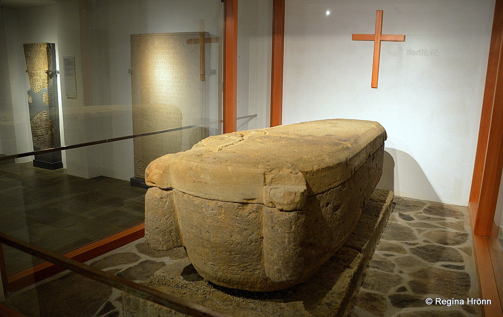 Stone coffin found during the excavation for the foundations for the Cathedral in Sk&aacute;lholt
