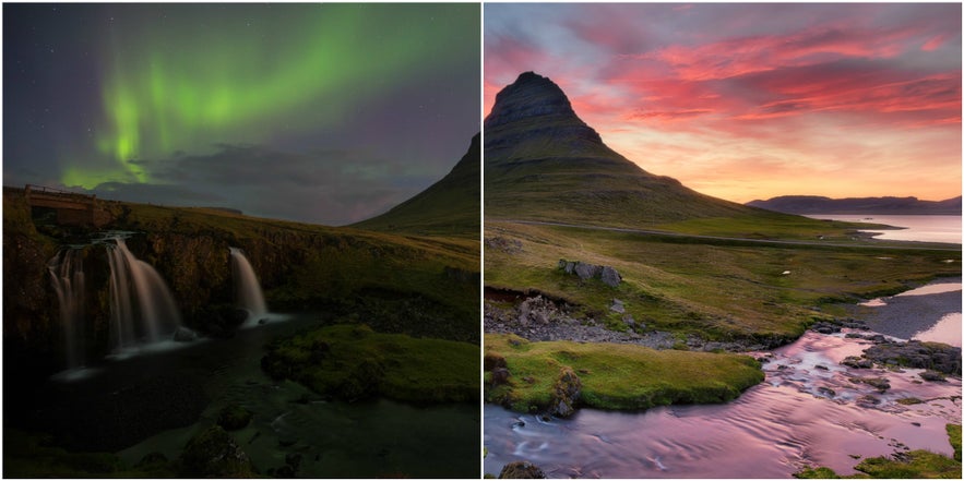 Mt Kirkjufell as seen in both the winter and summer seasons.