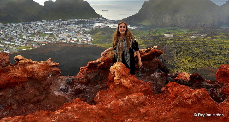 Regína on top of Mt. Eldfell Volcano in the Westman Islands