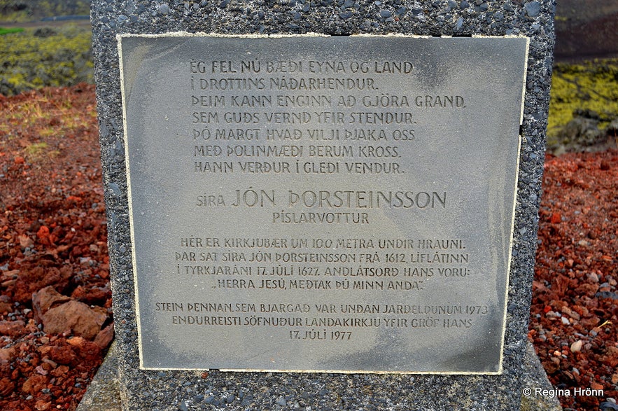 A memorial at the roots of Eldfell volcano