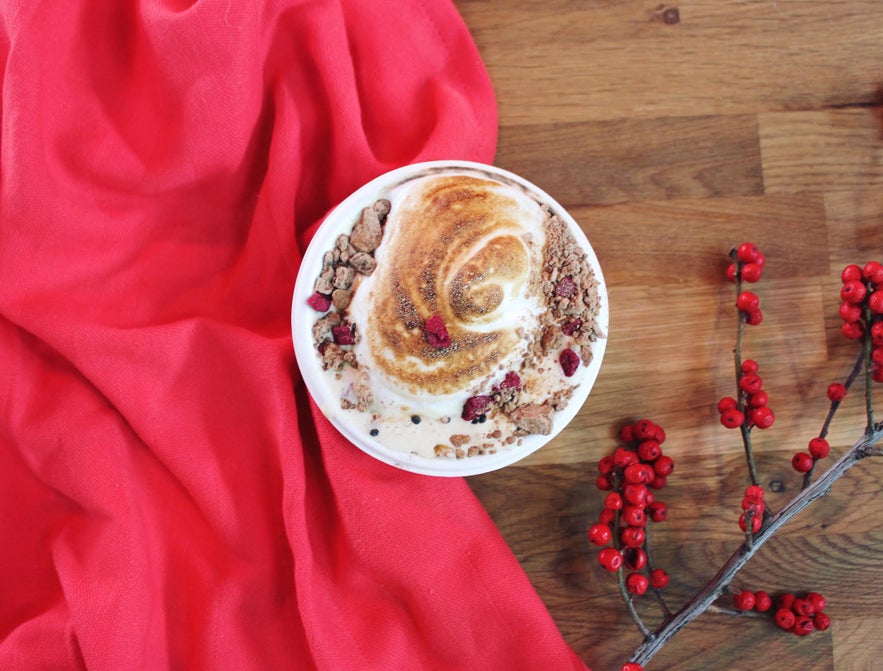 Festive cup of coffee at Micro Roast inside Hlemmur Mathöll, Reykjavík's Food Hall