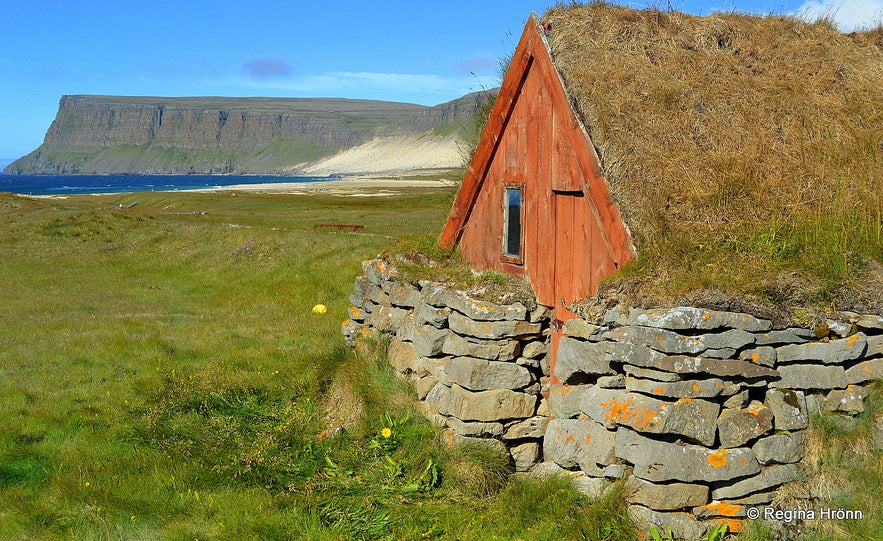 A turf outhouse at Kollsvík in the Westfjords of Iceland