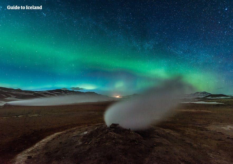 Northern lights dancing over Námaskarð geothermal area in North Iceland