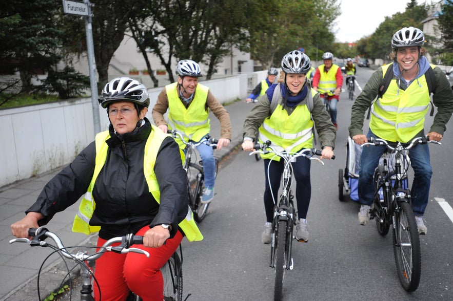 Cyclists sightseeing in Iceland's capital city, Reykjavik.