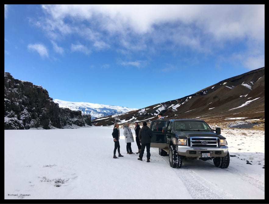 Parking up, preparing to unload the snowmobiles. 