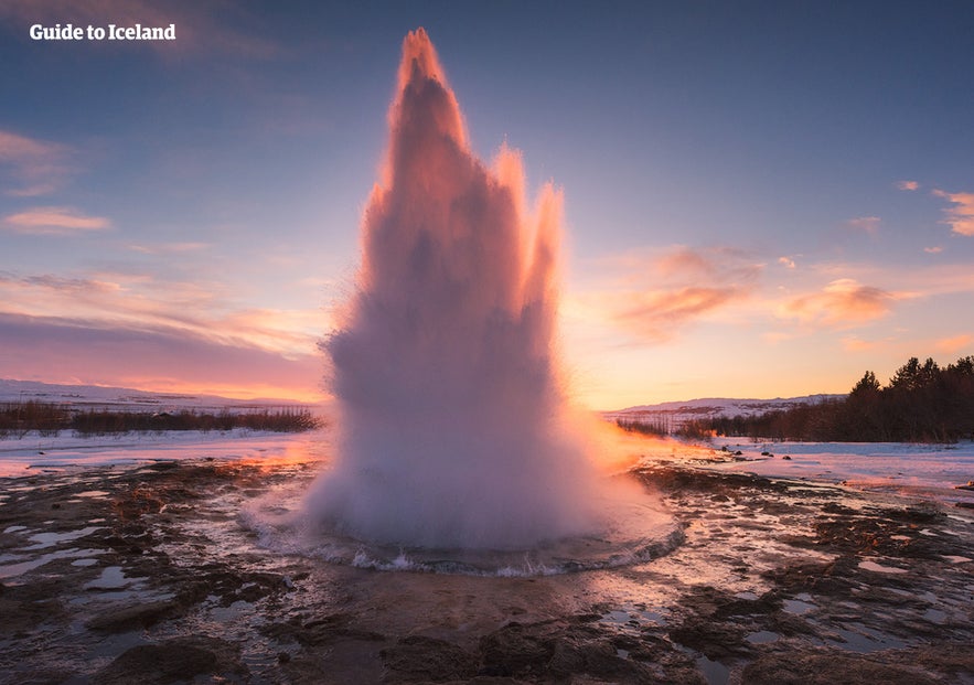 The geyser Strokkur erupting at Geysir geothermal area