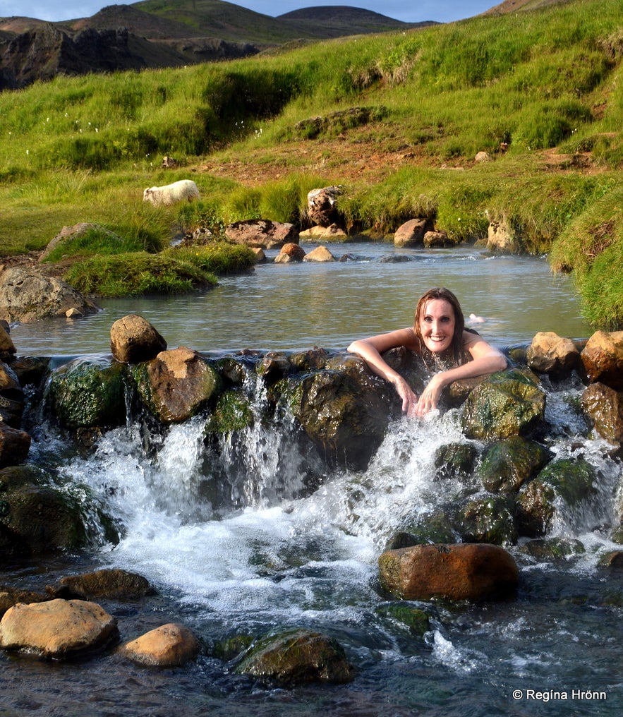 Reykjadalur Valley - Bathe in a Hot River in South Iceland! Regína soaking in a hot river