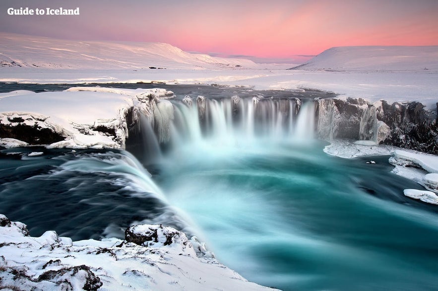 A true winter wonderland at Goðafoss waterfall in North Iceland