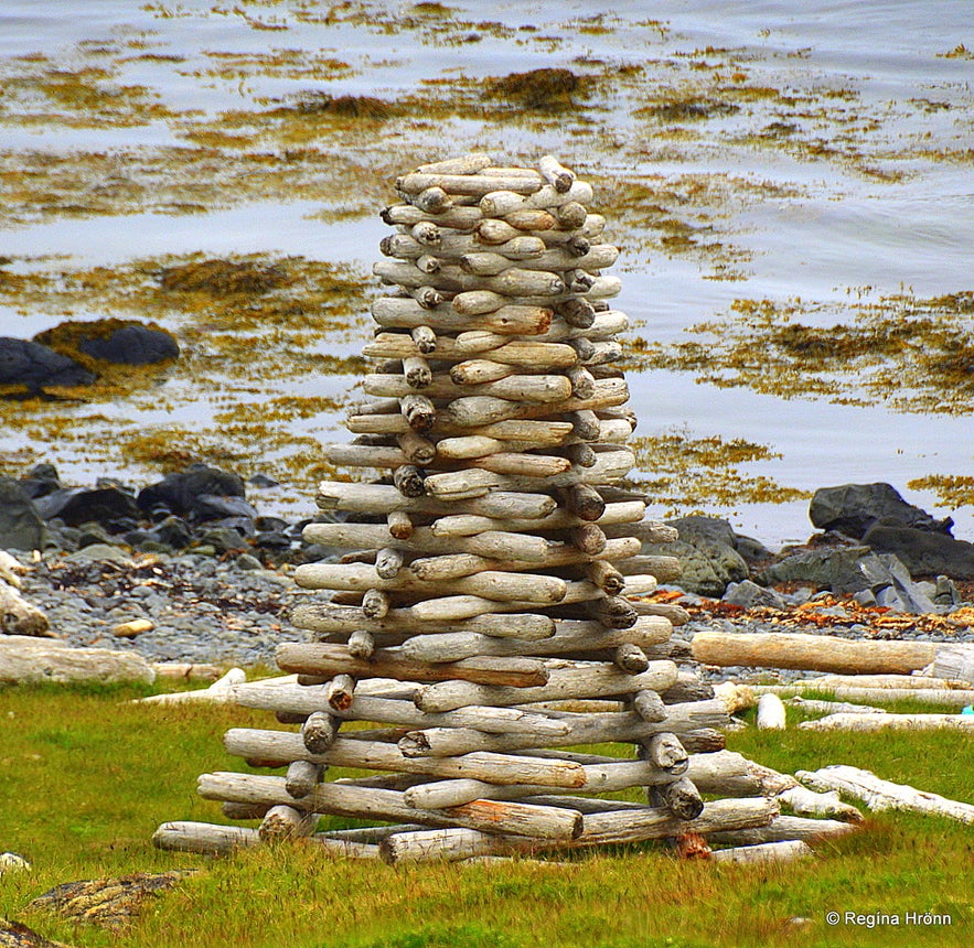 Artwork of driftwood at Strandir Westfjords