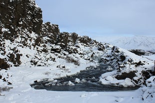 See dark lava rocks covered in white snow on your winter tour in Iceland.