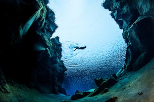 Float in the crystal clear waters of Silfra fissure on a snorkelling tour.