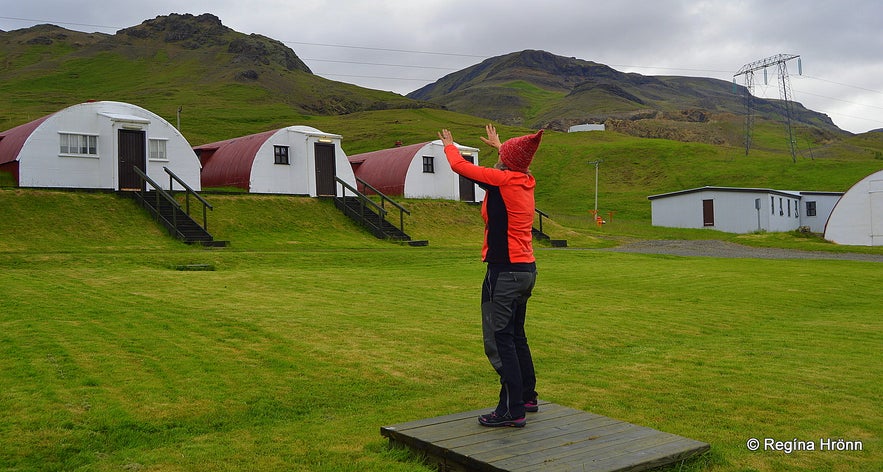 Our guide telling us stories by the barracks in Hvalfjörður