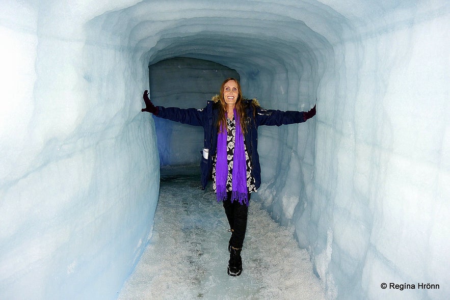 Regína inside the Ice Cave Tunnel in Langjökull Glacier in Iceland - Into the Glacier