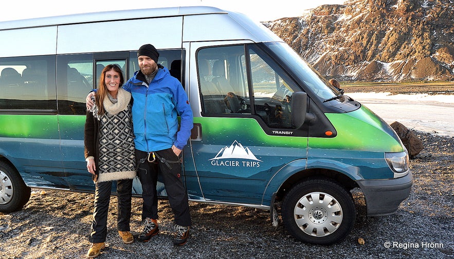 Regína with Sindri the guide on the ice cave tour