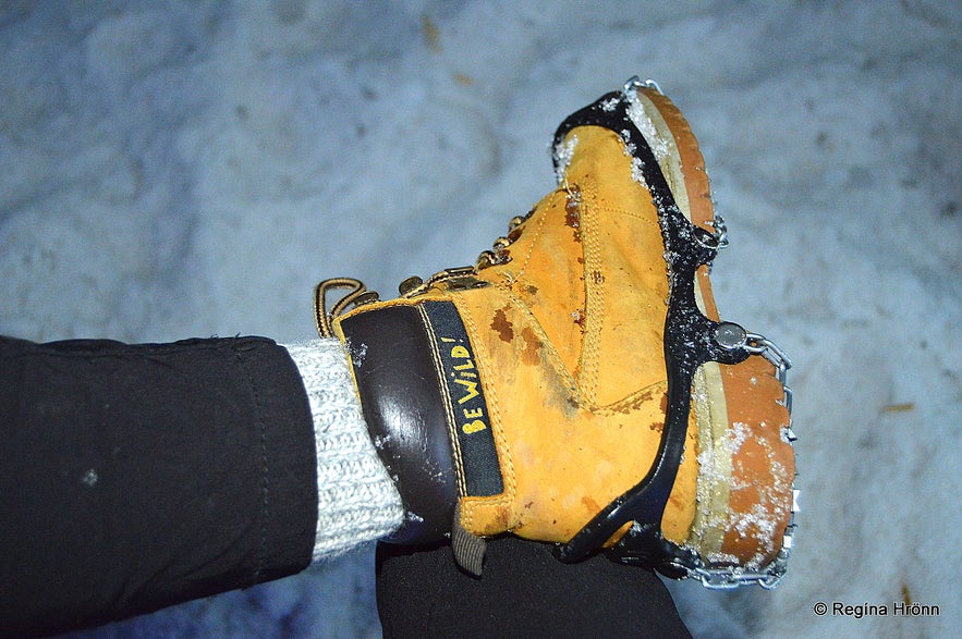 Crampons are needed inside the Ice Cave Tunnel in Langjökull Glacier