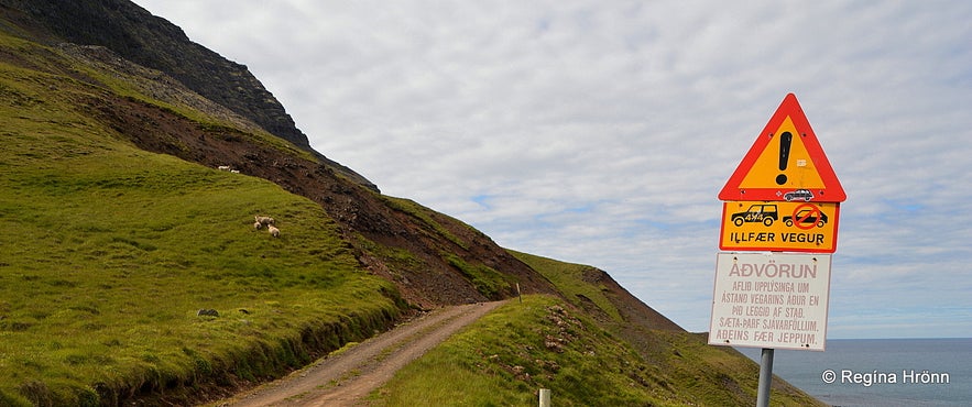 The warning sign on Svalvogavegur road Westfjords