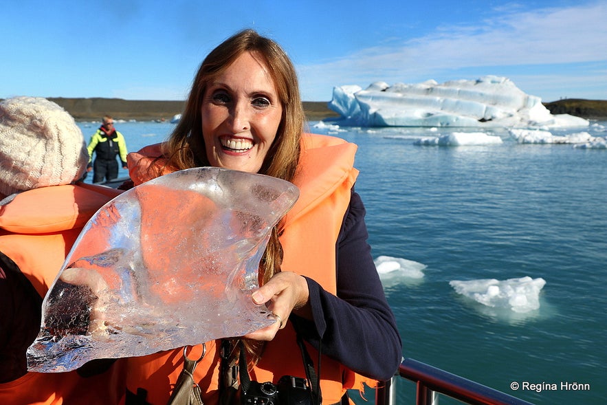 Regína on a boat ride on Jökulsárlón