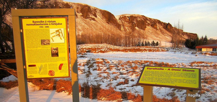 Information signs about the convent at Kirkjubæjarklaustur