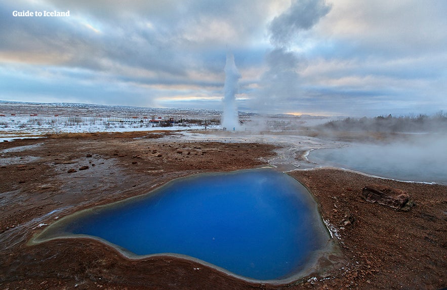 Strokkur in Haukadalur Valley in winter.