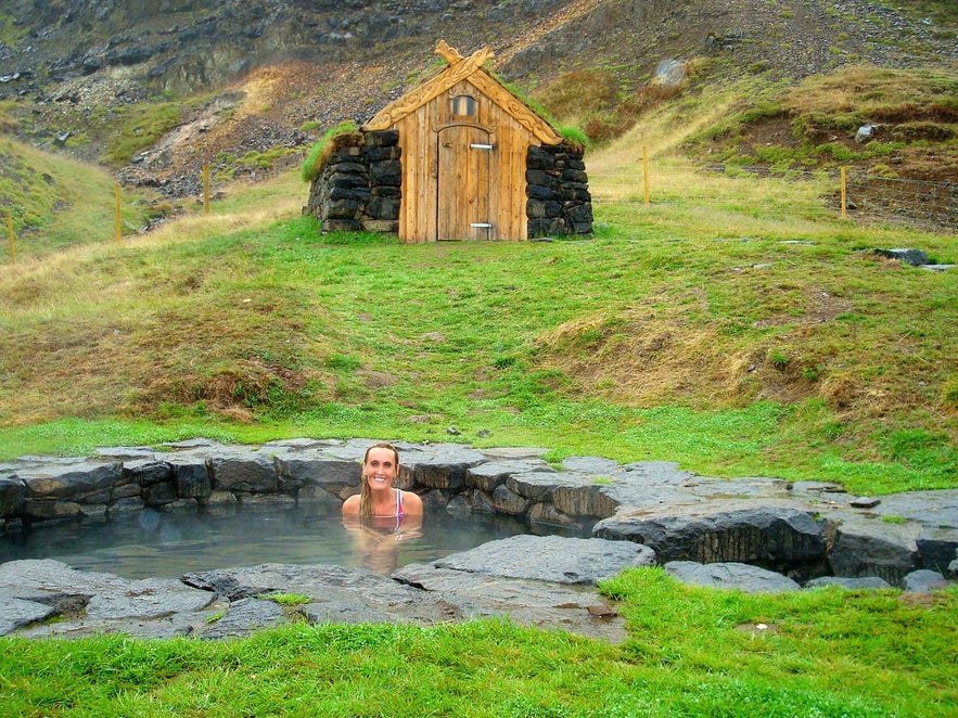 Relaxing in a historic hot spring in West Iceland, Gu&eth;r&uacute;narlaug