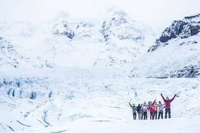 Snow covered surroundings on Svínafellsjökull glacier.