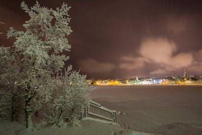 The Tjörninn pond in Reykjavík blanketed in powdery snow.