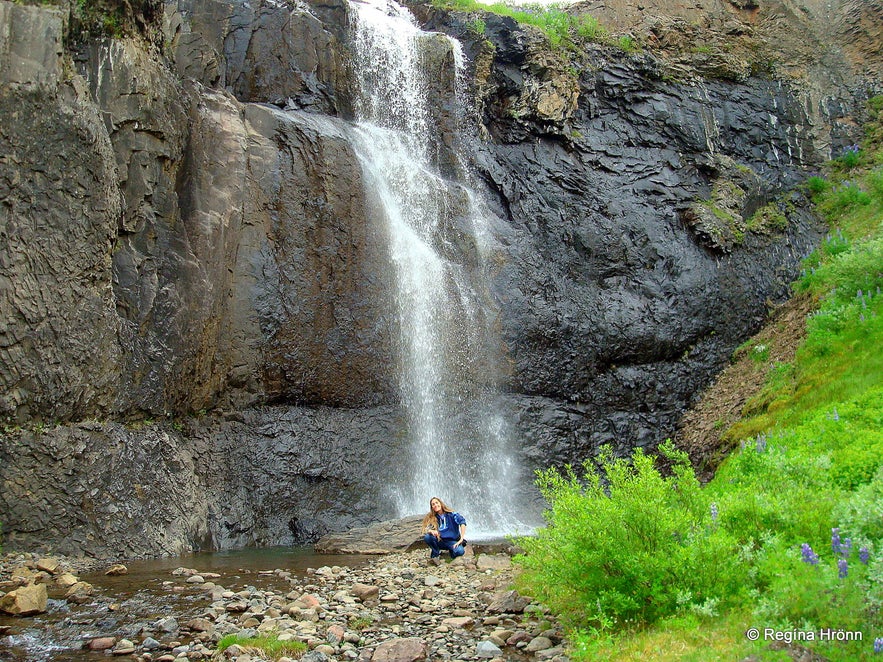 Regína by Ljósárfoss waterfall in Hallormsstaðaskógur forest