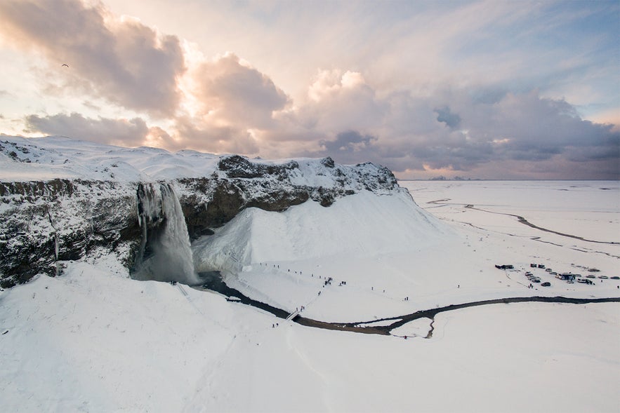 Seljalandsfoss waterfall surrounded by snow and ice under a pastel winter sky, showcasing the beauty of January in Iceland Seljalandsfoss waterfall surrounded by snow and ice under a pastel winter sky, showcasing the beauty of January in Iceland