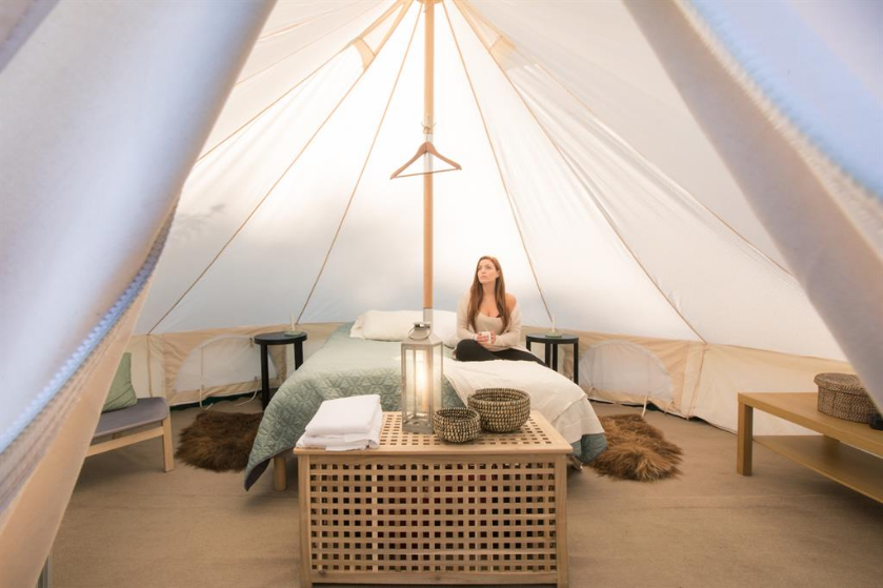 Inside a glamping tent by Volcano Huts in Þórsmörk, Iceland's highlands