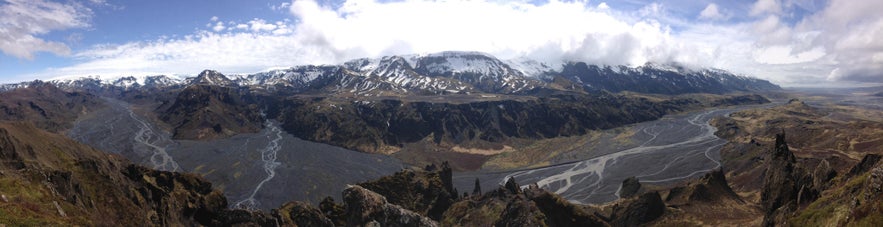 360° view over Þórsmörk valley in the south of Iceland highlands