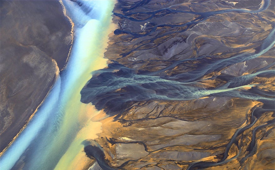 An aerial view over Iceland's stunning and eclectic landscape.