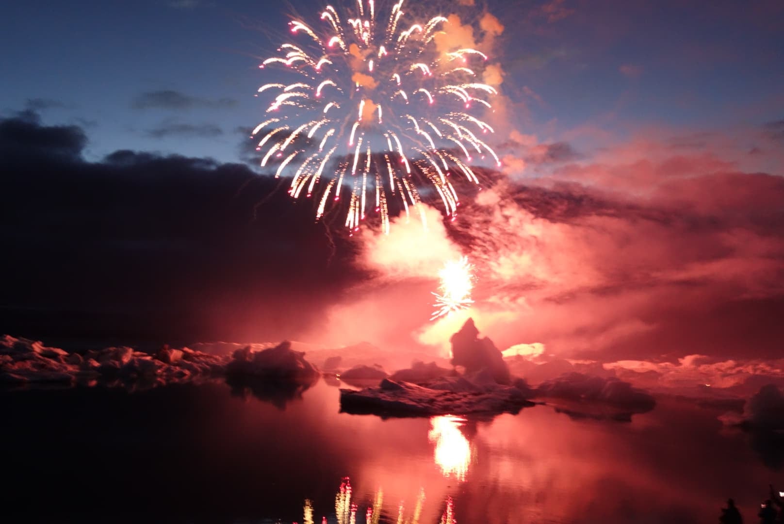 ヨークルスアゥルロン氷河湖での花火大会