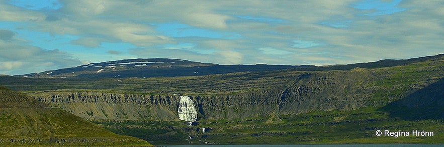 Dynjani waterfall in the Westfjords as seen from afar