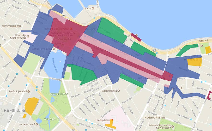 Guidare nella capitale islandese è più semplice con questa mappa delle zone di parcheggio di Reykjavik per orientarsi in centro.
