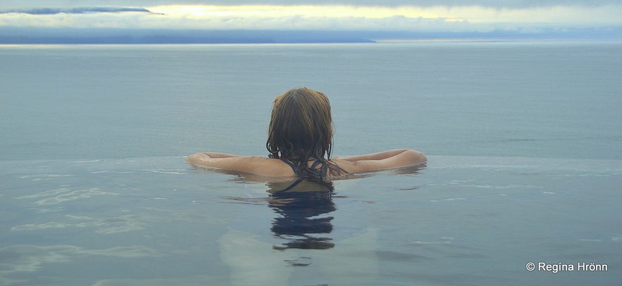 Regína soaking in the Geosea geothermal sea baths in North-Iceland