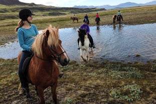 People enjoy crossing a river on horseback during a 3-hour intermediate level riding tour in North Iceland.